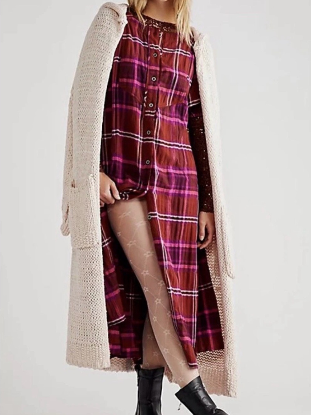 Free People Outlaw Plaid Maxi Dress in Berry Combo S